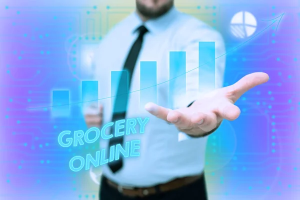 Sign displaying Grocery Online. Conceptual photo digital version of supermarket accepting online ordering Gentelman Uniform Standing Holding New Futuristic Technologies. — Foto de Stock