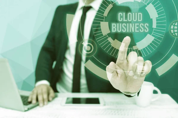 Writing displaying text Cloud Business. Business showcase internetbased delivery of services made available to users Bussiness Man Sitting Desk Laptop And Phone Pointing Futuristic Technology. — Zdjęcie stockowe