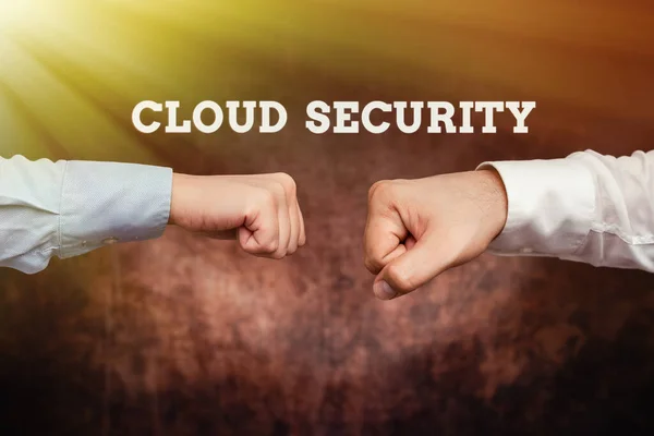 Sinal de texto mostrando Cloud Security. Idéia de negócio Impor um sistema seguro de dados existentes na Internet Dois profissionais bem vestidos Empresários Empresariais Handshake Interior — Fotografia de Stock