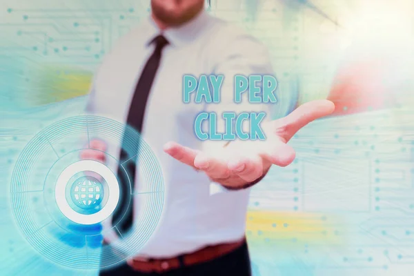 Writing displaying text Pay Per Click. Business approach internet marketing in which payment is based on clickthroughs Gentelman Uniform Standing Holding New Futuristic Technologies. — Zdjęcie stockowe