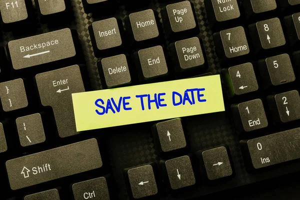Conceptual caption Save The Date. Business approach Organizing events well make day special event organizers Online Browsing And Exploring, Creating Blog Content, Sending New Messages — Zdjęcie stockowe