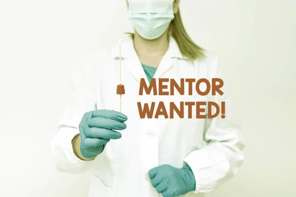 Cartel mostrando Mentor Wanted. Enfoque empresarial encontrar a alguien que pueda guiarse para lograr el éxito Presentando y analizando muestras médicas Mostrando muestras de prueba —  Fotos de Stock