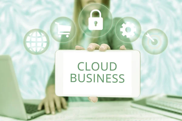 Концептуальный заголовок Cloud Business. Слово для интернет-доставки услуг стало доступным пользователям Бизнес-женщина, сидящая в офисе Холдинга Мобильные технологии, закладывающие футуристические идеи. — стоковое фото