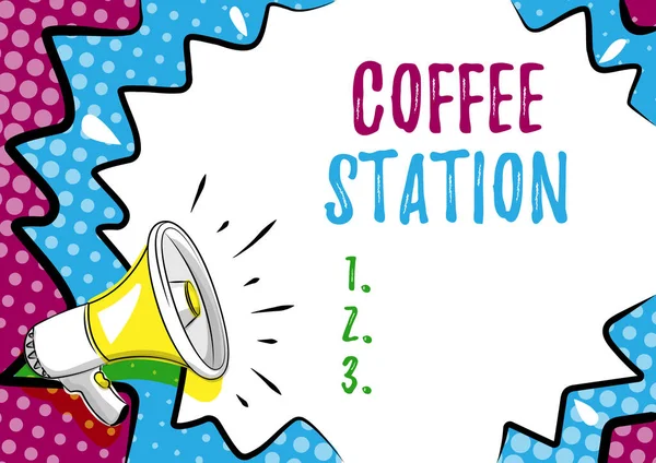 Kahve istasyonunu sunan metin başlığı. Sözcük, genellikle sıcak içecekler sunan küçük, gayri resmi bir restoranda yazılmış. Renkli Tasarım Önemli Mesaj, Soyut Haber Sunma — Stok fotoğraf