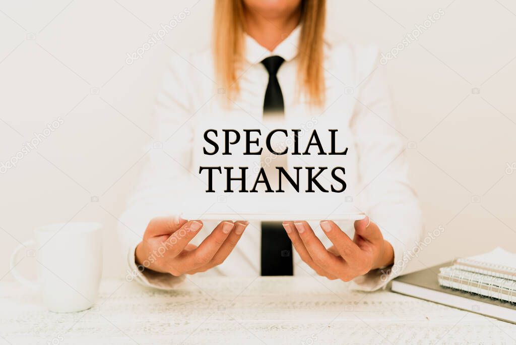 Hand writing sign Special Thanks. Business overview appreciating something or someone in a most unique way Intern Starting A New Job Post, Student Presenting Report Studies