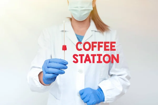 Hand writing sign Coffee Station. Conceptual photo a small, informal restaurant that typically serves hot drinks Presenting And Analyzing Medical Specimen Displaying Test Samples