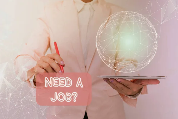 Conceptual caption Need A Job Question. Business showcase to recruit an individual for specific duty role or function Inspirational business technology concept with copy space — Stock Photo, Image