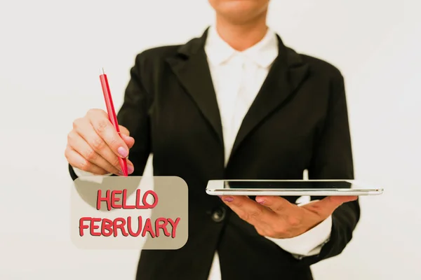 Fogalmi megjelenítés Hello February. Business showcase greeting used when welcoming the second month of the year Bemutatás Új technológiai ötletek Beszélgetés Technológiai fejlesztés — Stock Fotó