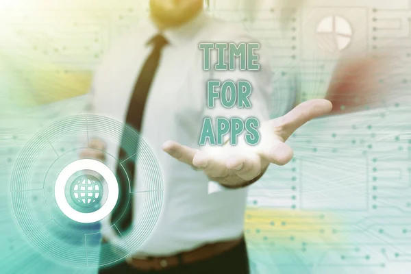 Sign displaying Time For Apps. Word Written on make use of application or services using the technologies Gentelman Uniform Standing Holding New Futuristic Technologies. — Stock Photo, Image