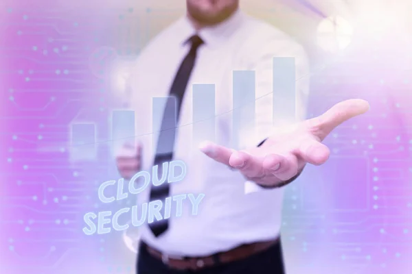 Znak tekstowy pokazujący Cloud Security. Podejście biznesowe Nakładanie bezpiecznego systemu istniejących danych w Internecie Gentelman Uniform Standing Holding New Futuristic Technologies. — Zdjęcie stockowe