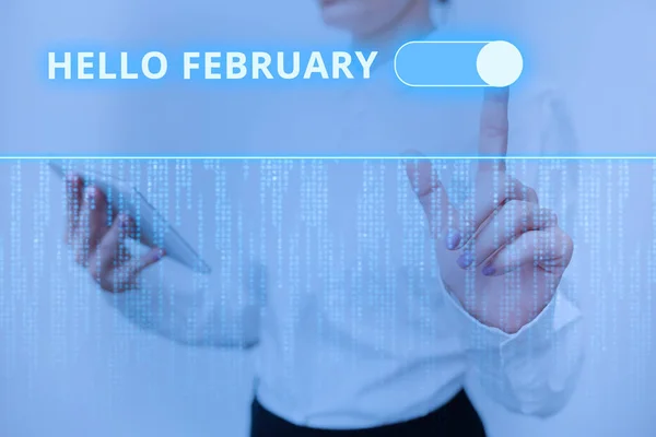 Inspiráció mutató jel Hello February. Üzleti áttekintés az év második hónapjának köszöntésekor Inspirációs üzleti technológiai koncepció másolási hellyel — Stock Fotó