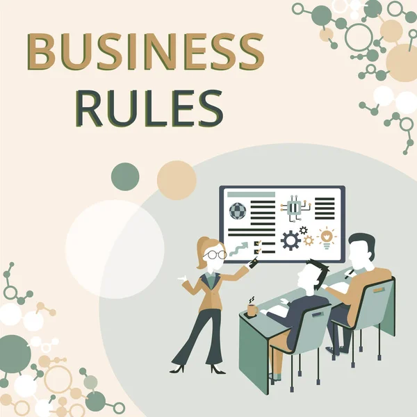 Teken het tonen van Business Rules. Bedrijfsconcept de principes die de onderneming bepalen zijn activiteiten Presentatie Projectrapport Concept, Rapportage Bedrijfsstatus — Stockfoto