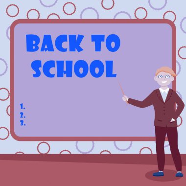 Kavramsal manşet Okula Dönüş. İş fuarı, yeni bir öğretim yılının başlangıcıyla ilgili olan, soyut Profesör Verme, Açıklama ve Raporlama Konsepti dönemidir.