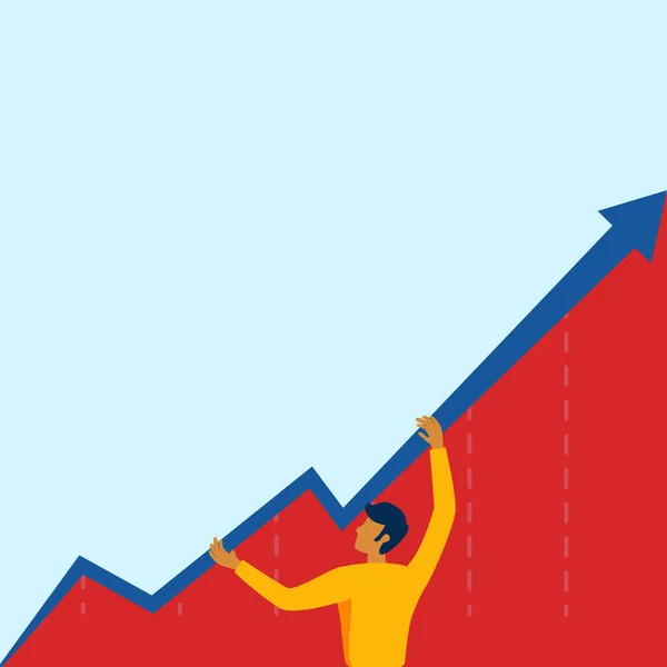 Man Standing Drawing Holding Graph Arrow toont de groei van het bedrijfsleven. Zakenman Design Standaarden Terwijl Grabbing Grafiek Weergave Toename en Stijgen. — Stockvector