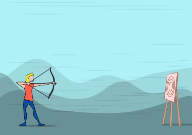 Lady Archer Illustration Holding Bow 'un hedefi dağların arkası. Okçuluk Sporcusu Açık Hava Sahnesine Doğru Ok Atışı.