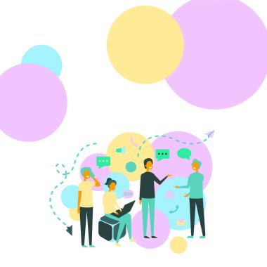 Dört Meslektaşlar Çizimi Birbirleriyle Yeni Fikirler İçin Sohbet Etmek. Takım arkadaşları ofiste toplandı. Yeni güncellemeler ve görüşler hakkında sohbet ediyorlar..