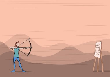 Lady Archer Illustration Holding Bow 'un hedefi dağların arkası. Okçuluk Sporcusu Açık Hava Sahnesine Doğru Ok Atışı.