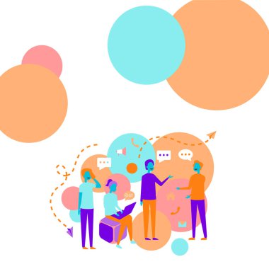 Dört Meslektaşlar Çizimi Birbirleriyle Yeni Fikirler İçin Sohbet Etmek. Takım arkadaşları ofiste toplandı. Yeni güncellemeler ve görüşler hakkında sohbet ediyorlar..