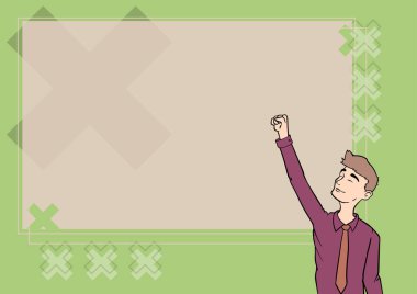 Sınıf yönetim kurulunun önünde duran mutlu adam illüstrasyonu başarı için ellerini kaldırıyor. Gülümseyen Öğrenci Gururla Kaldırıyor Başarı Kutlaması.