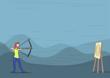 Lady Archer Illustration Holding Bow 'un hedefi dağların arkası. Okçuluk Sporcusu Açık Hava Sahnesine Doğru Ok Atışı.