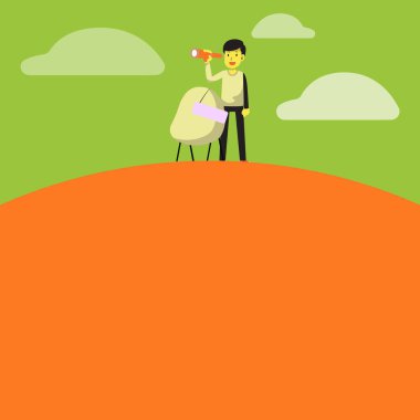 Dürbünlü adam tabelanın yanında duruyor ve yeni fırsatlar arıyor, genç adam elinde dürbün tutuyor ve alternatif yollar arıyor.