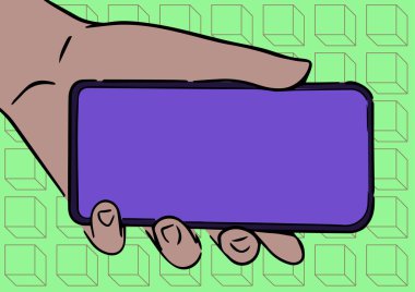 Yetişkin El İllüstrasyonu Cep Telefonu Ekranda Yeni Teknolojiyi Gösteriyor, Cep Telefonu Son Teknoloji Gelişimli Monitörü Sunar.