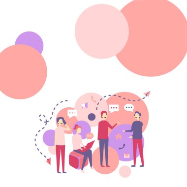 Dört Meslektaşlar Çizimi Birbirleriyle Yeni Fikirler İçin Sohbet Etmek. Takım arkadaşları ofiste toplandı. Yeni güncellemeler ve görüşler hakkında sohbet ediyorlar..