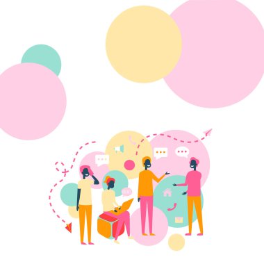 Dört Meslektaşlar Çizimi Birbirleriyle Yeni Fikirler İçin Sohbet Etmek. Takım arkadaşları ofiste toplandı. Yeni güncellemeler ve görüşler hakkında sohbet ediyorlar..