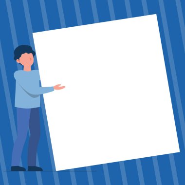 Man Standing Holding sunar Büyük Boş Kağıt. Beyefendiler Büyük Boş Karton Taşıyarak Yeni Bilgiler Gösteriyor.