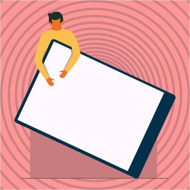 Ayakta duran beyefendinin elinde kocaman boş bir çekiç tahtası var. Man Design Yeni Bilgileri Gösteren Büyük Boş Belgeyi Durduruyor ve Tutuyor.