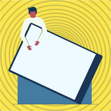 Ayakta duran beyefendinin elinde kocaman boş bir çekiç tahtası var. Man Design Yeni Bilgileri Gösteren Büyük Boş Belgeyi Durduruyor ve Tutuyor.