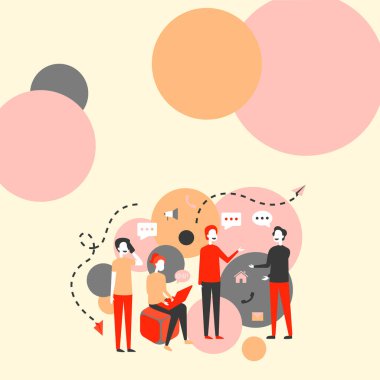 Dört Meslektaşlar Çizimi Birbirleriyle Yeni Fikirler İçin Sohbet Etmek. Takım arkadaşları ofiste toplandı. Yeni güncellemeler ve görüşler hakkında sohbet ediyorlar..