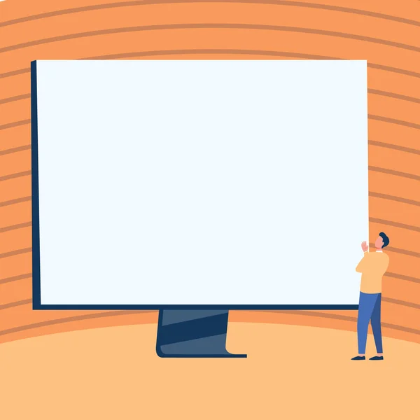 Hombre de pie dibujo mirando a gran monitor levantando la mano Mostrar Presentando. Gentleman Design mira una gran pantalla de ordenador mostrando nueva información. — Archivo Imágenes Vectoriales