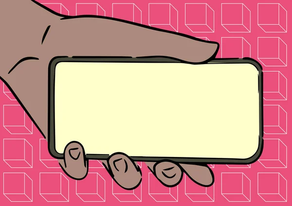 Adult Hand Illustration Holding Mobile Showing New Technology On Screen, Person Palm Carrying Phone Presenting The Monitor With Late Tech Developments. - Stok Vektor
