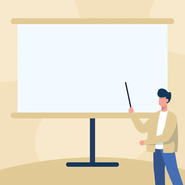 Insegnante in Giacca Disegno Standing Pointing Stick At Blank Whiteboard Visualizzazione del messaggio. Professore Punti di progettazione verso il Consiglio Visualizzazione di nuove lezioni e conferenze. — Vettoriale Stock