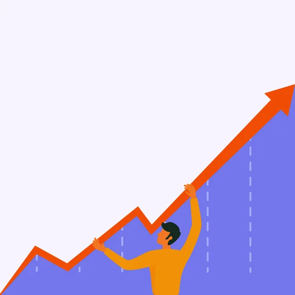 Człowiek stojący Rysunek Holding Arrow pokazuje wzrost biznesu. Biznesmen Design stoi podczas chwytania wykres Diagram Wyświetlanie Wzrost i Wzrost. — Wektor stockowy