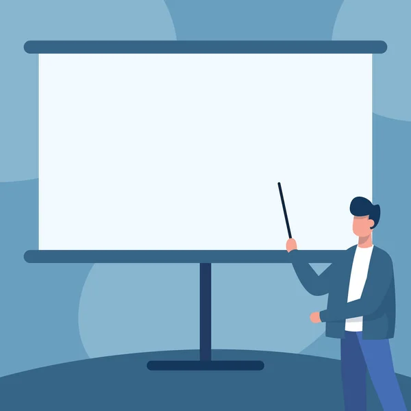 Tanár kabátban Rajzolás Álló Stick az üres Whiteboard Mutató üzenet. Professzor Design Points Towards Board Új leckék és előadások megjelenítése. — Stock Vector