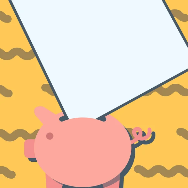 Piggy Bank Dibujo con hoja grande de papel atascado en el agujero. Diseño de tarro de dinero de lechón con gran nota atrapada en la brecha que muestra ahorros financieros. — Vector de stock