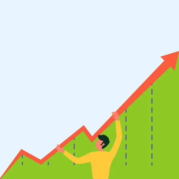 Man Standing Drawing Holding Gráfico Seta Mostrando crescimento do negócio. O projeto do empresário está enquanto o diagrama do gráfico de Grabbing exibe o aumento e a ascensão. — Vetor de Stock