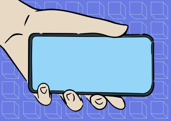 携帯電話の画面に新しい技術を示す大人の手イラストホールディングモバイル,人パームは、遅い技術開発でモニターを提示. — ストックベクタ