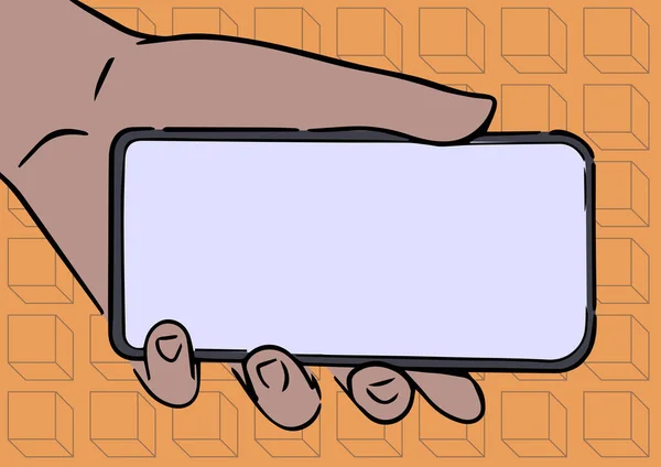 Adult Hand Illustration Holding Mobile Toont nieuwe technologie op het scherm, Persoon Palm Draging Phone Presenteren van de Monitor met late technologische ontwikkelingen. — Stockvector