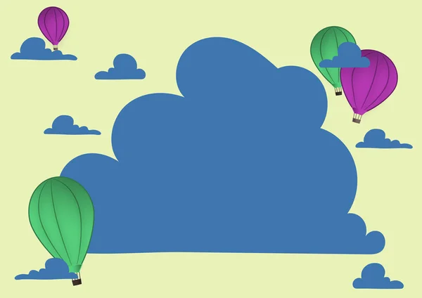 雲の上を飛ぶ熱気球イラストが新たな目的地に到着。ツェッペリンがさらなる理由で空を駆け巡る. — ストックベクタ