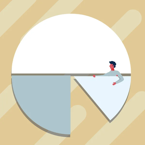 Man Drawing Holding A Pie Chart Piece Mostrando Design Gráfico. Gentleman Standing Design Completando uma parte circular do diagrama. —  Vetores de Stock