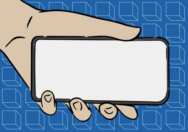 Adult Hand Illustration Holding Mobile Showing New Technology On Screen, Person Palm Carrying Phone Presenting The Monitor With Late Tech Developments. - Stok Vektor