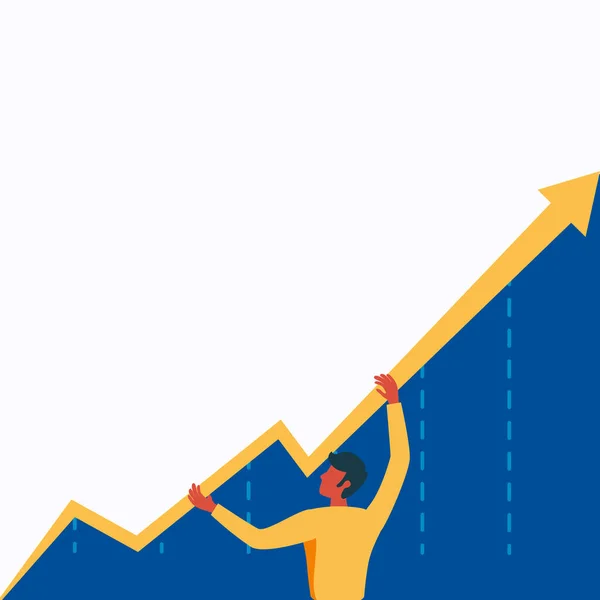 Man Standing Drawing Holding Gráfico Seta Mostrando crescimento do negócio. O projeto do empresário está enquanto o diagrama do gráfico de Grabbing exibe o aumento e a ascensão. —  Vetores de Stock