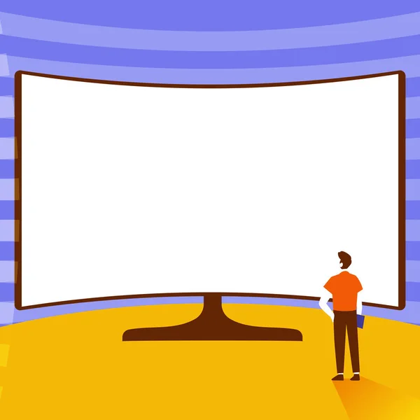 Uomo in piedi illustrazione in piedi davanti al monitor enorme, Gentelman Guardando schermo di presentazione del proiettore extra grande, adulto accanto alla grande televisione. — Vettoriale Stock