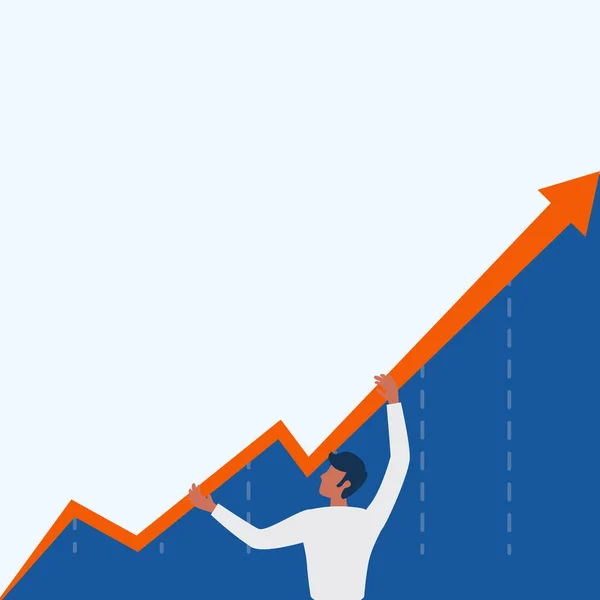 Man Standing Drawing Holding Gráfico Seta Mostrando crescimento do negócio. O projeto do empresário está enquanto o diagrama do gráfico de Grabbing exibe o aumento e a ascensão. — Vetor de Stock