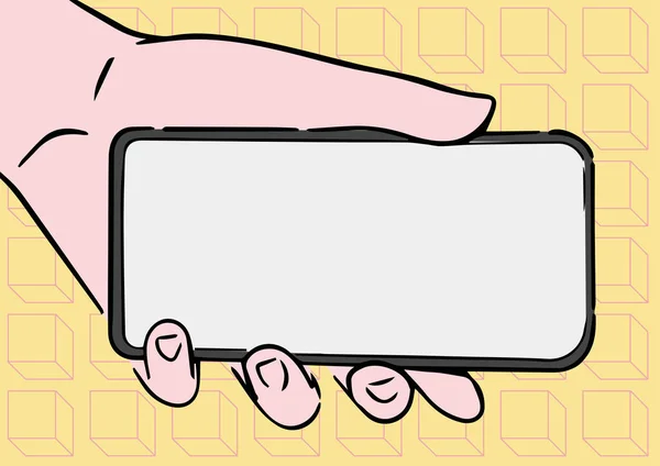 Erwachsene Hand Illustration Halten von Mobiltelefonen zeigt neue Technologie auf dem Bildschirm, Person Handfläche Tragen Telefon präsentiert den Monitor mit späten Tech-Entwicklungen. — Stockvektor