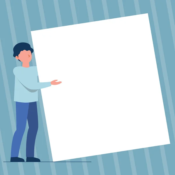Man Standing Drawing Holding Presenting Huge Blank Paper. Gentleman Stands Carrying Large Empty Cardboard Displaying New Information. — Stock Vector