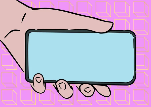 Adult Hand Illustration Holding Mobile Toont nieuwe technologie op het scherm, Persoon Palm Draging Phone Presenteren van de Monitor met late technologische ontwikkelingen. — Stockvector